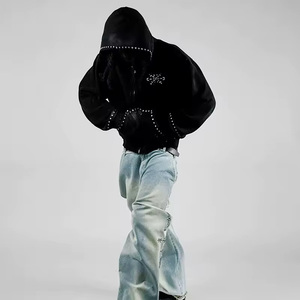 Streetwear personnalisé, clous en métal en détresse, fermeture à glissière avec rivet délavé à l'acide, fabricant de sweat à capuche en éponge française lourde - Product Image 2