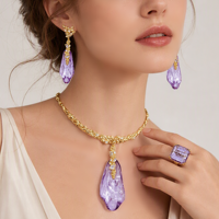 Ensemble de bijoux tendance en laiton et résine, collier et boucles d'oreilles avec détails en zircon, gouttes colorées, unisexe, pour mariage, fiançailles, fête, cadeau, or 18 carats