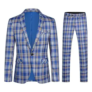 Mens Suits Slim Fit 2 Piece Plaid 1 Button Casual Formal Set Groom Suits for Men