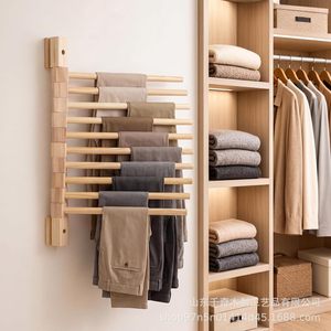 Wall Mounted Wooden Trouser Rack 8 Tier Foldable <b>Hanging</b> Clothing Organizer For <b>Wardrobe</b> Bathroom Laundry Room - Product Image 2