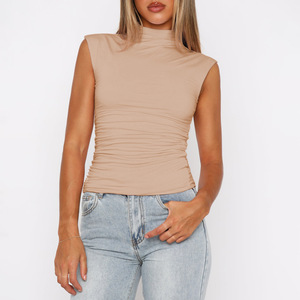 Half <strong>Turtle</strong> <strong>Neck</strong> Solid Color Pleated Slim Sleeveless Simple and Comfortable <strong>Top</strong> Vest - Product Image 1