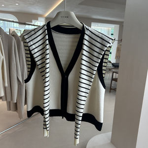 Stylish Women's Sleeveless Knitted Wool/Nylon Japan Style Cardigan Black and <b>White</b> Striped <b>V</b>-<b>Neck</b> with Front Logo - Product Image 1