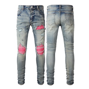 <span class=keywords><strong>Jeans</strong></span> Elasticizzati da <span class=keywords><strong>Uomo</strong></span> di Alta Qualità, <span class=keywords><strong>Blu</strong></span> Chiaro, con Effetto Spell Color, Strappi e Patch, Modello Skinny e Dritto - Product Image 1