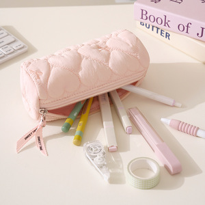 Quilted Pencil Case Large Capacity Nylon Zipper School Office Stationery Organizer Pink Portable Student Bag - Product Image 1