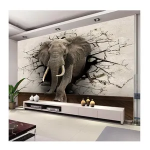 KOMNNI Customized Size 3D Broken Wall Elephant Rhinoceros Mural Wall Paper for Kids Bedroom Living Room Decor Wallpaper