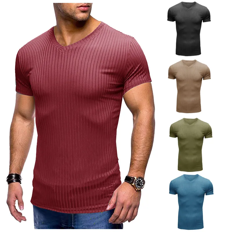 Men's Muscle Shirts Slim Fit Short Long Sleeve Cotton Golf T-Shirts Ribbed Knit Soft V Neck Wholesale T Shirts