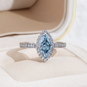 Messi Jewelry MSR-2060 PT950 Marquise Cut Halo Blue Lab Grown <b>Diamond</b> <b>Ring</b> for Party - Product Image 1
