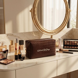 Sac de maquillage pour femmes en gros, grande capacité, en cuir PU, motif crocodile, avec fermeture éclair et logo brodé - Product Image 6