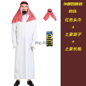 Costume da Sceicco Arabo per Adulti, Abito da Principe del Medio Oriente, Veste Bianca da Sultano con Fascia Rossa per Purim e <span class=keywords><strong>Halloween</strong></span> - Product Image 1