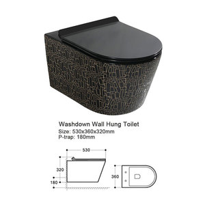Inodoro Suspendido de Pared de Una Pieza, Diseño Europeo 2020, Negro y Dorado, con Sifón en P y Doble Descarga, para Baños de Hoteles y Villas - Product Image 4