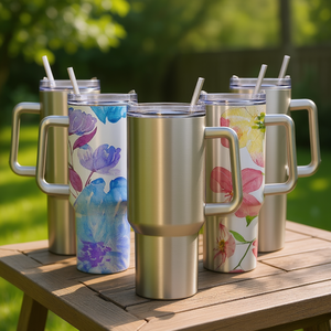 Vasos de acero inoxidable de 40 oz con aislamiento al vacío, con asa y pajita, diseño floral personalizado para regalos de viaje - Product Image 2