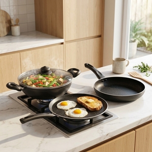 Nouveautés en gros d'usine : Ensembles de batterie de cuisine 4 pièces personnalisables en marbre et aluminium, antiadhésifs, comprenant woks et poêles pour la cuisson - Product Image 1
