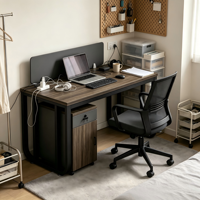 Poste de travail individuel moderne en bois grainé avec structure métallique et panneau de séparation pour bureau d'immeuble commercial