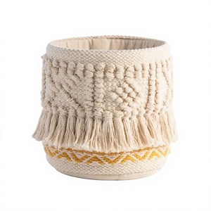 Cesta de Almacenamiento Rústica de Algodón con Borlas y Patrón Zigzag Amarillo, Cesta de Lavandería Reutilizable para el Hogar - Product Image 1