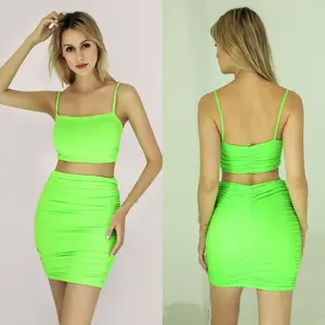 Ruched Neon Màu Xanh Lá Cây Backless Dress Hai Mảnh Thiết Lập Trang Phục Phụ Nữ Spaghetti Dây Đeo Crop Top Và Mini Skirt Sexy Club Mùa Hè C12917