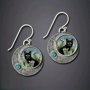 Vintage Black <b>Cat</b> Drop Earrings Antique Silver Plated With Turquoise Bezel Setting Women's Fashion Jewelry <b>Gift</b> - Product Image 3