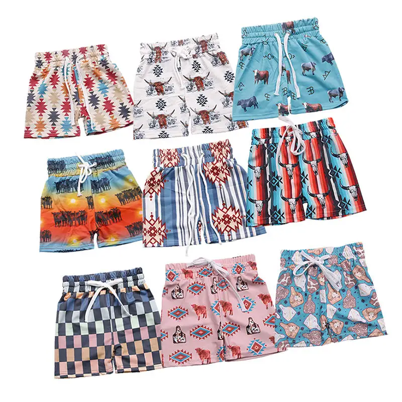 Factory Direct Sale Boy Beach Shorts Popular Boys'trunk Fashion Checker Western Print Summer Swimming Shorts