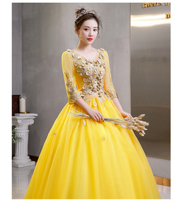 S1575N Nuovo Abito da Sera Lungo <span class=keywords><strong>Giallo</strong></span> a <span class=keywords><strong>Maniche</strong></span> <span class=keywords><strong>Lunghe</strong></span> con Gonna Voluminosa e Vita Alta in Chiffon per Performance Vocali - Product Image 4