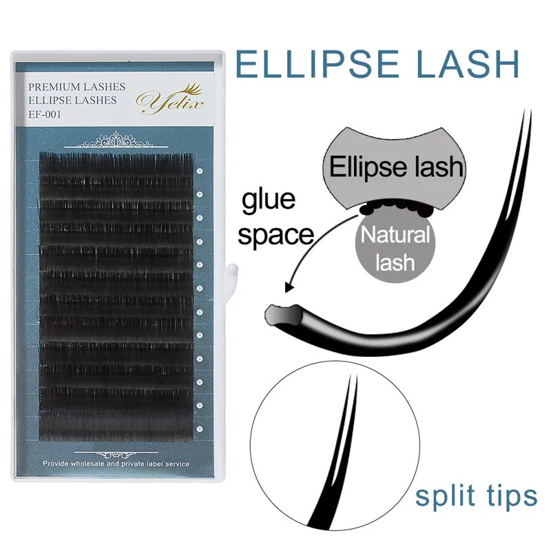 Yelix 12 Rows Cashmere 2 tips Flat 0.15 0.20 Super Soft Flat Ellipse Eyelash Extensions