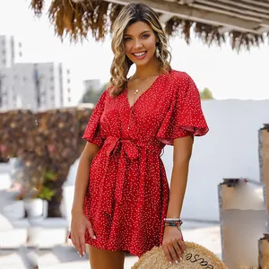 Hanni mode vêtements 1 pièce combinaison femmes en gros Lâche Décontracté rouge V-cou élégant floral combinaison grande taille