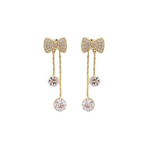 Trendy Gold Plated Zinc Alloy Bow Dangle <b>Hook</b> <b>Earrings</b> with Cubic Zircon and Charm Drop Jewelry for Women Party Gift - Product Image 4