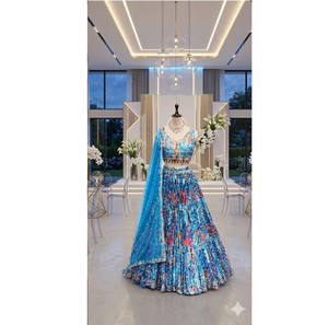 Lehenga ชุดปาร์ตี้สำหรับผู้หญิงเสื้อผ้าเจ้าสาวงานแต่งงานแบบดั้งเดิมพิมพ์ลายแอบสแตรกต์สง่างาม - Product Image 3