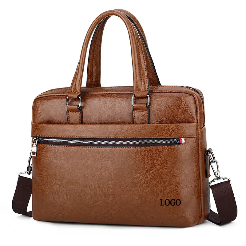Custom Logo Waterproof Black Brown 14 15.6 17 Inch Briefcase Sling Bag For Women Men PU Leather Shoulder Office Bag Laptop Bag