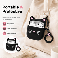 Casing Earbud PVC Lembut Motif Kucing Hitam Kawaii dengan Gantungan Cakar