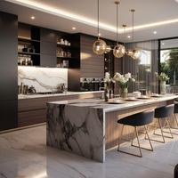Meubles de cuisine modernes de haute qualité, sur mesure, en bois massif, placage naturel, structure en acier inoxydable avec accessoires d'évier pour villas