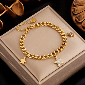 European Style Gold Tone Charm Bracelet With Star And Circle Pendant For Women Gift Jewelry - Product Image 4