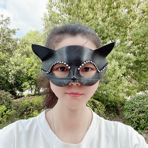 Masques de soirée de luxe noirs en PVC pour femmes, imprimés en typographie, <span class=keywords><strong>avec</strong></span> strass en forme de chat, accessoires de déguisement d'<span class=keywords><strong>Halloween</strong></span> - Product Image 5