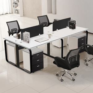 Modern 4 Person Customizable Office <strong>Workstation</strong> <strong>Desk</strong>, Wooden Staff <strong>Workstation</strong> Office Table with Partition &amp; Cabinet - Product Image 4