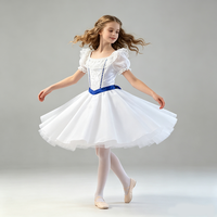 Costume de danse de ballet blanc pour filles, manches bouffantes, garniture en dentelle, corsage décoré de strass avec ceinture bleue, jupe longue en mousseline pour spectacle