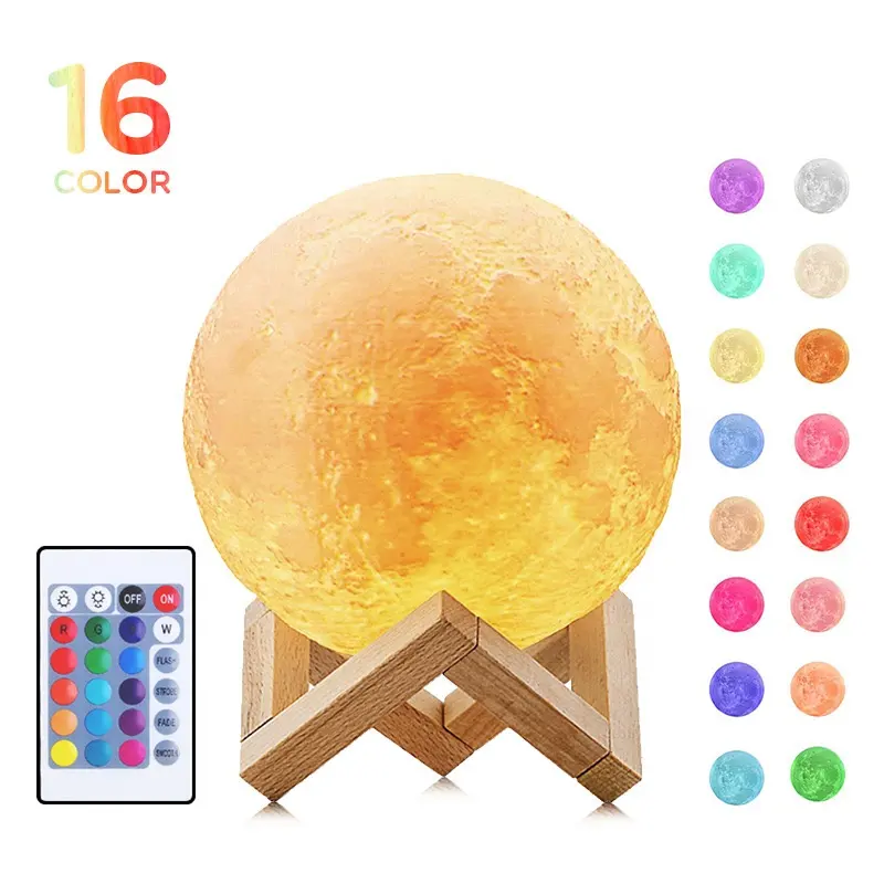 Bts 16 Color Led 3d Maan Lamp Met Houten Standaard Oplaadbare Nacht Maanlicht Lamp Afstandsbediening/Tap/Touch Control Voor Slaapkamer Gebruik