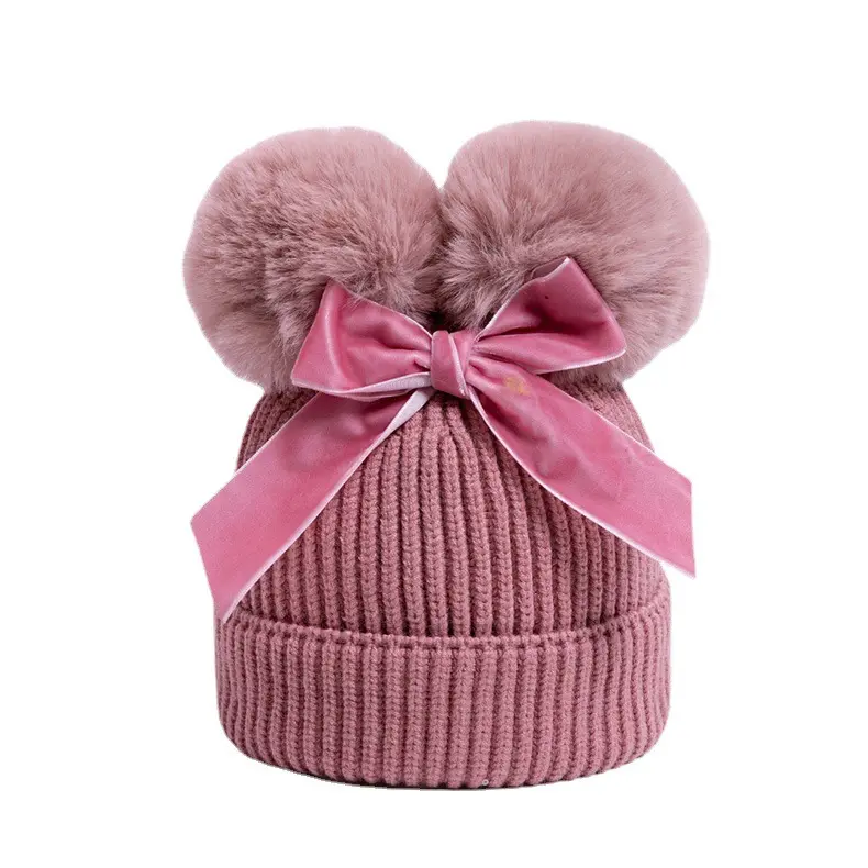 Mùa Đông Giữ Ấm Beanie Bé Trẻ Em Mũ Len Bowknot Dệt Kim Hat Bow Đôi Pom Pom Beanies