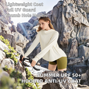 Newest Summer Women's UPF 50+ Loose Extended <b>Back</b> Hem Hooded Coat Thumb Hole All-around Anti-UV Spandex/Nylon Cape Jacket Front - Product Image 2