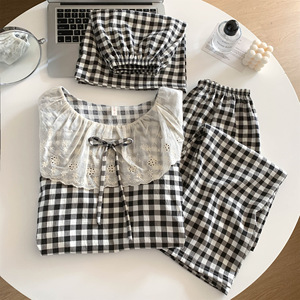 Women's Summer Spring Autumn <b>Lace</b> Cotton Pajamas Big Lapel Neck Short Sleeve <b>Elastic</b> Waist Breathable Soft - Product Image 5