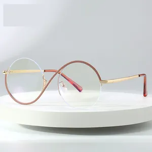 0744 Round Metal Optical Frames Anti Blue Light Glasses Women Fashion Half Frame Shape Computer Glasses