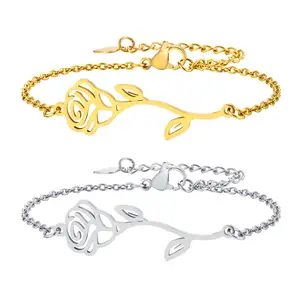 YICAI Hot Selling Stainless Steel Gold Silver Color Chain Flower Charm Bracelets Jewelry Gifts Hollow Rose Flower Bracelet