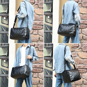 Dujiang Men's Genuine Leather Shoulder <b>Bag</b> Large Capacity Travel Business Gym Crossbody <b>Bag</b> Black Hand-Scratched Texture - Product Image 2
