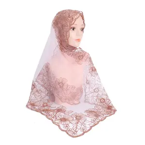 Fabriek Custom Sjaal Malaysia Arab Hijab Borduurwerk Polyester 2 Stuk Hijab Kanten Cap Met Chiffon Sjaal Dames Moslim Sjaal