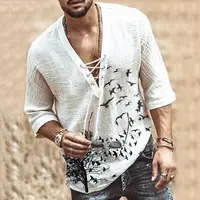 पुरुषों की फैशन हिप्पी सनी शर्ट आकस्मिक मध्य आस्तीन वी गर्दन गर्मियों में समुद्र तट ढीला टी में सबसे ऊपर ठोस रंग टी शर्ट 2021 नई