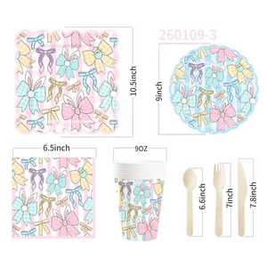 DAMAI - Vajilla de Papel para Fiesta de Pascua, Platos, Vasos, Servilletas, Lazo Rosa y Diseño Floral Primaveral, para 8 Personas - Product Image 6