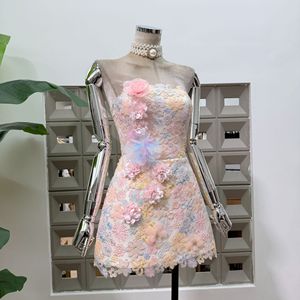 Abito da <span class=keywords><strong>Donna</strong></span> Boutique con Perle Ricamate in Pizzo, Fiori Tridimensionali e Fascia in Vita Senza Spalline - Product Image 2