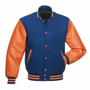 皇家蓝色羊毛校服莱特曼轰炸机夹克配橙色纯皮袖子