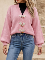 Cardigan pull pour femme automne-hiver, style ethnique transfrontalier, motif unique, boutons en corne, tricot ample, vêtement d'extérieur