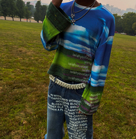 Kaos Lengan Panjang Rajut Waffle Pria dengan Grafik Pemandangan Alam, Cetakan Lukisan Minyak Padang Rumput, Sweatshirt Thermal Streetwear