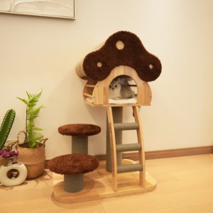 Kraft Paper Rope Sisal Post Faux Rabbit Fur Nest Coral Fleece Platform Rubber Wood Pet Scratcher Mushroom Design <b>Tree</b> Tower - Product Image 3