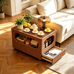 Mesa de Centro Moderna de Ratán con Cajón de Almacenamiento y Estantes Abiertos, Muebles para Sala de Estar, Diseño Tropical - Product Image 1