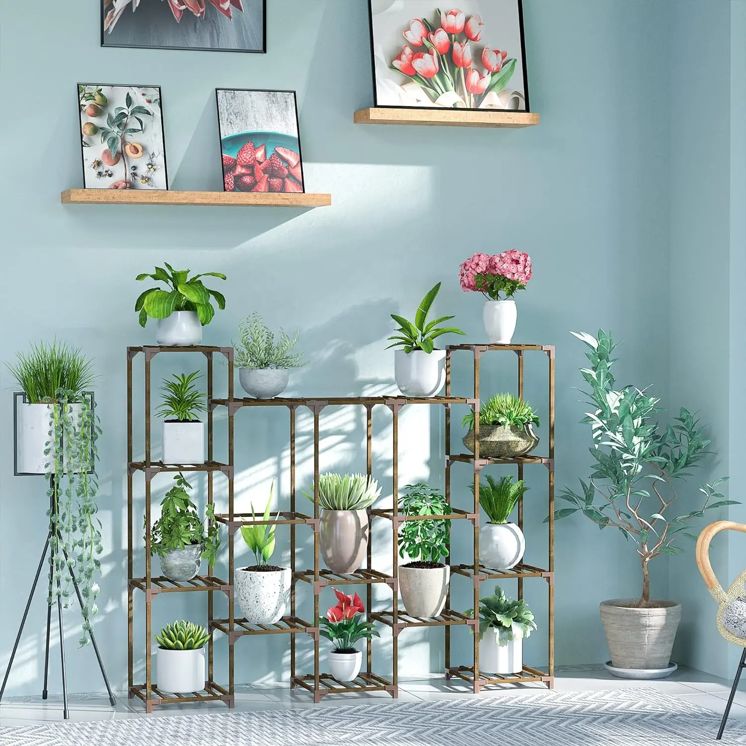 植物スタンド、屋内屋外ティアード植物棚、リビングルームパティオガーデンバルコニー用の多機能はしご植物ホルダー